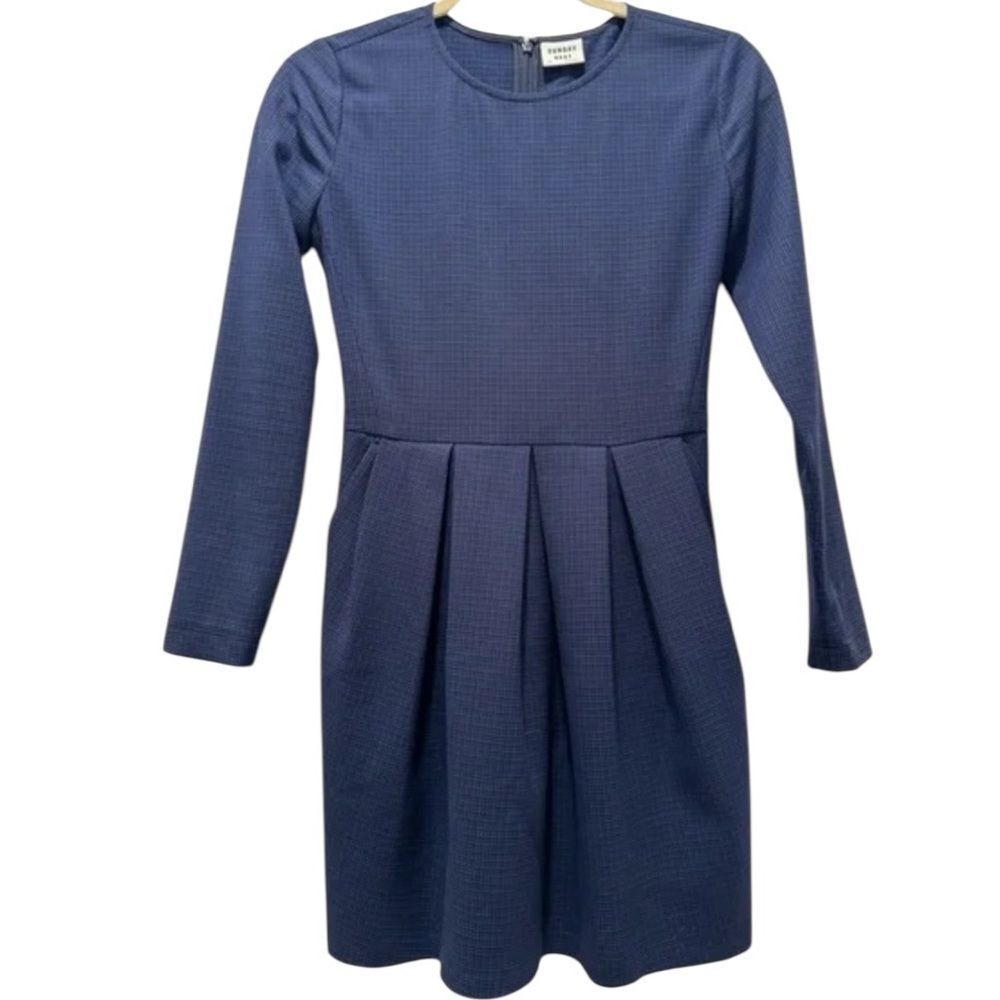 Aritzia Sunday Best Navy Long-Sleeve Pleated Fit-and-Flare Dress
